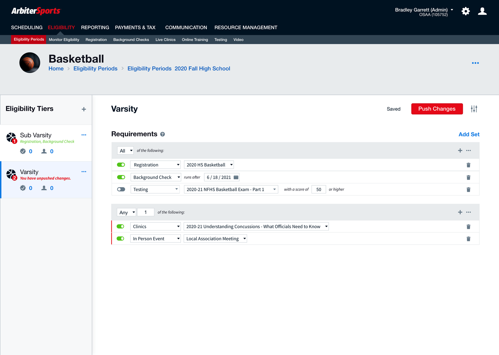 New Basketball eligibility page with Eligibility Tiers on the left (Sub Varsity, Varsity) and the Varsity tier's requirements on the right: an 'All of the following' set (registration, background check, testing) and an 'Any 1 of the following' set (clinics, in-person event).