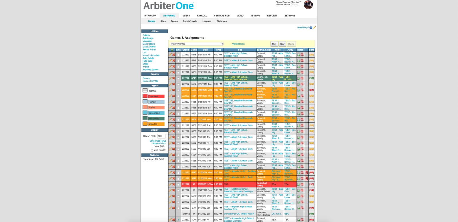 ArbiterOne legacy interface: a dense Games & Assignments table with dozens of color-coded rows, a left rail of utility links, and a two-row horizontal nav.