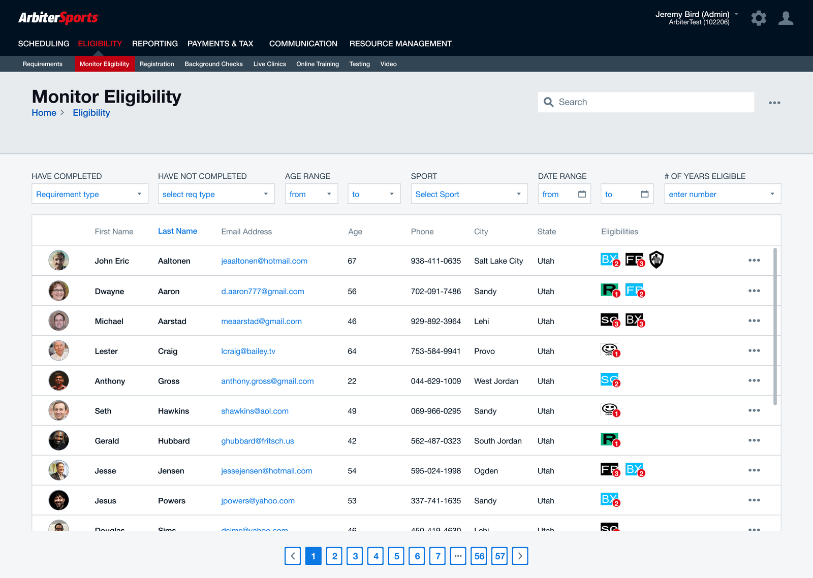 Monitor Eligibility page: filters for completed and not-completed requirement types, age range, sport, date range, and years eligible above a table of officials with their eligibility badges per sport and tier.