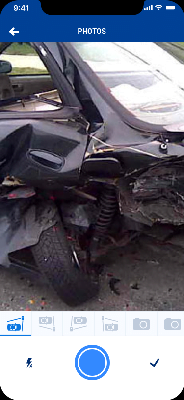Driver app in-app camera on a damaged car, with a filmstrip of placeholder tiles along the bottom, a shutter button, and a done check.