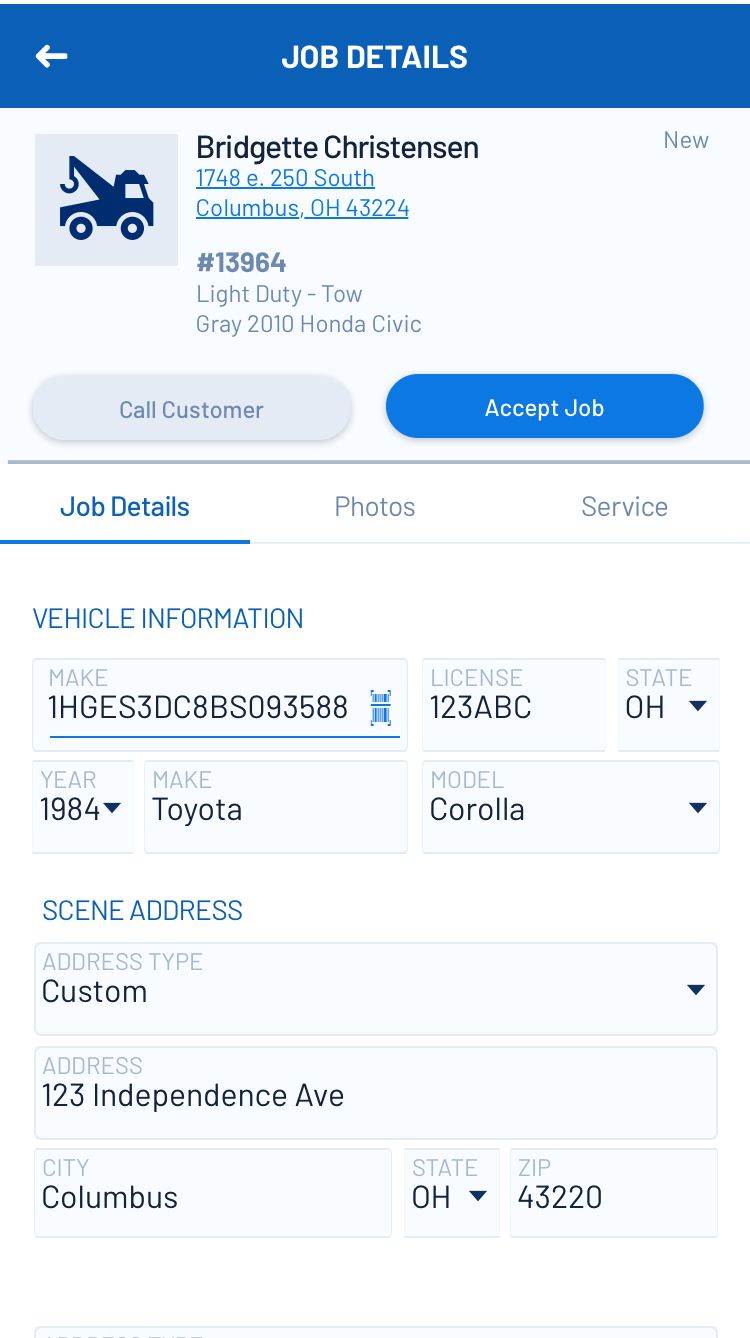 Driver app Job Details: a job card for Bridgette Christensen with Call Customer and Accept Job buttons, then tabs for Job Details, Photos, and Service, with vehicle information and scene address fields below.