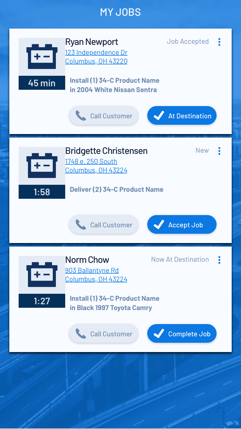 Driver app My Jobs screen: 3 job cards (Ryan Newport, Bridgette Christensen, Norm Chow) each with a countdown timer, address, vehicle, and Call Customer / At Destination / Accept Job / Complete Job buttons, on a blue background.