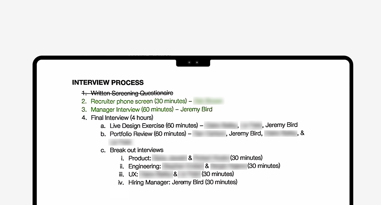 Preview of the Interview Process section of the Performance Profile — an outline of the interview stages, the prep materials sent to candidates ahead of each round, and how the panel compiles individual rubric scores into a final hiring decision.