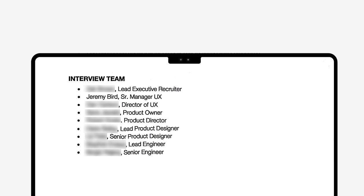 Preview of the Interview Team section of the Performance Profile — a roster of the interview panel, naming each interviewer along with the specific criteria from the Performance Profile they're responsible for evaluating.