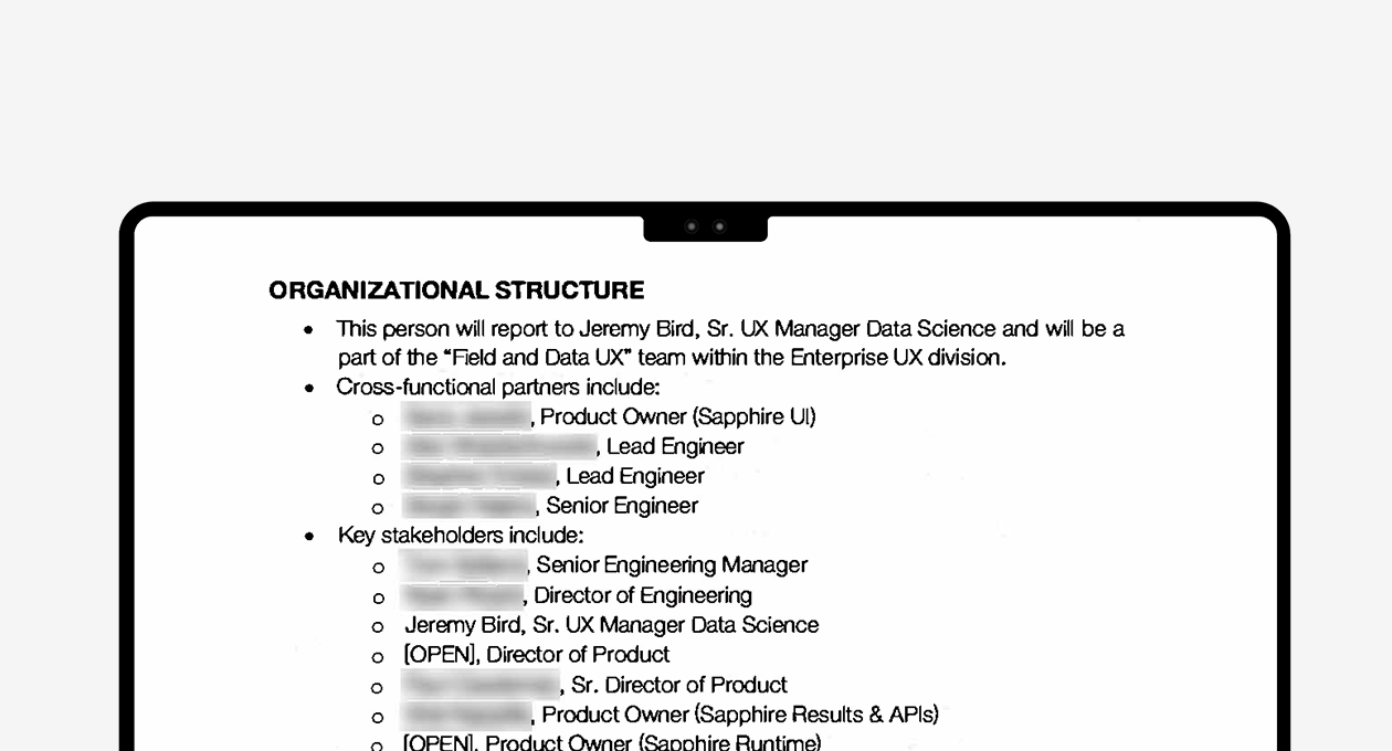 Preview of the Organizational Structure section of the Performance Profile — describes the reporting line, cross-functional partners, and where the Senior Product Designer role sits within the Data Science team.