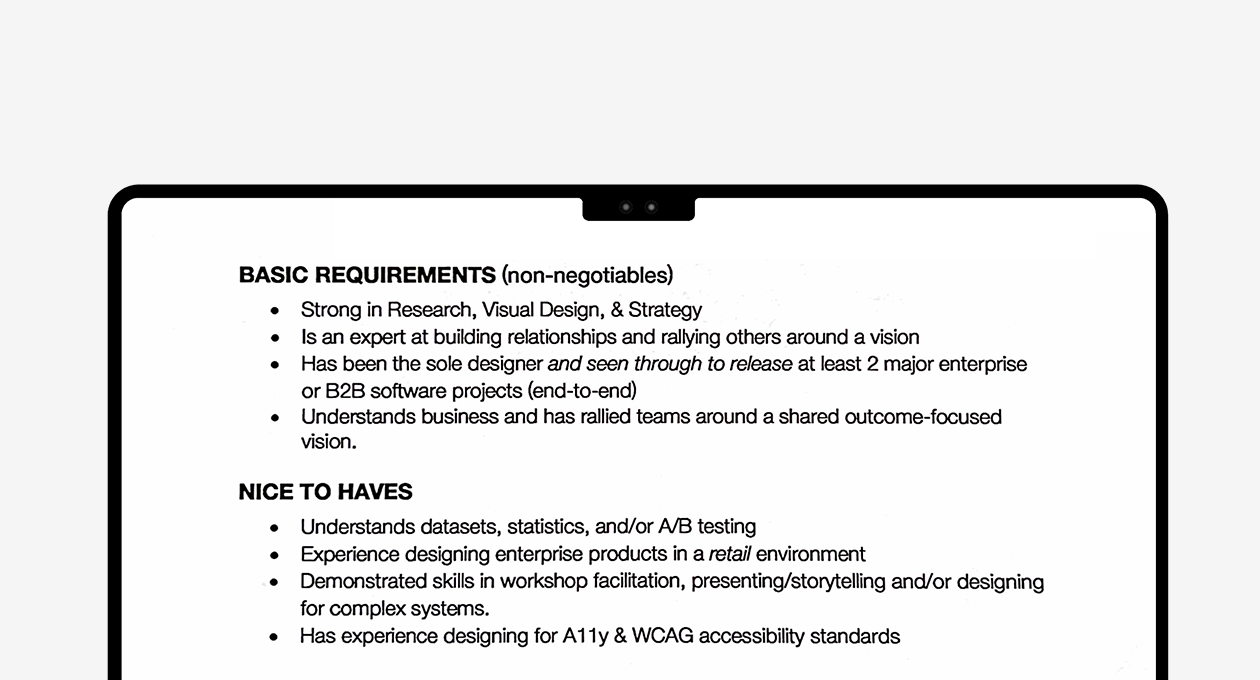 Preview of the Basic Requirements and Nice to Haves sections of the Performance Profile — two adjacent lists separating the non-negotiable skills and experience required to deliver the Year 1 objectives from the additional qualities that strengthen fit without being deal-breakers.
