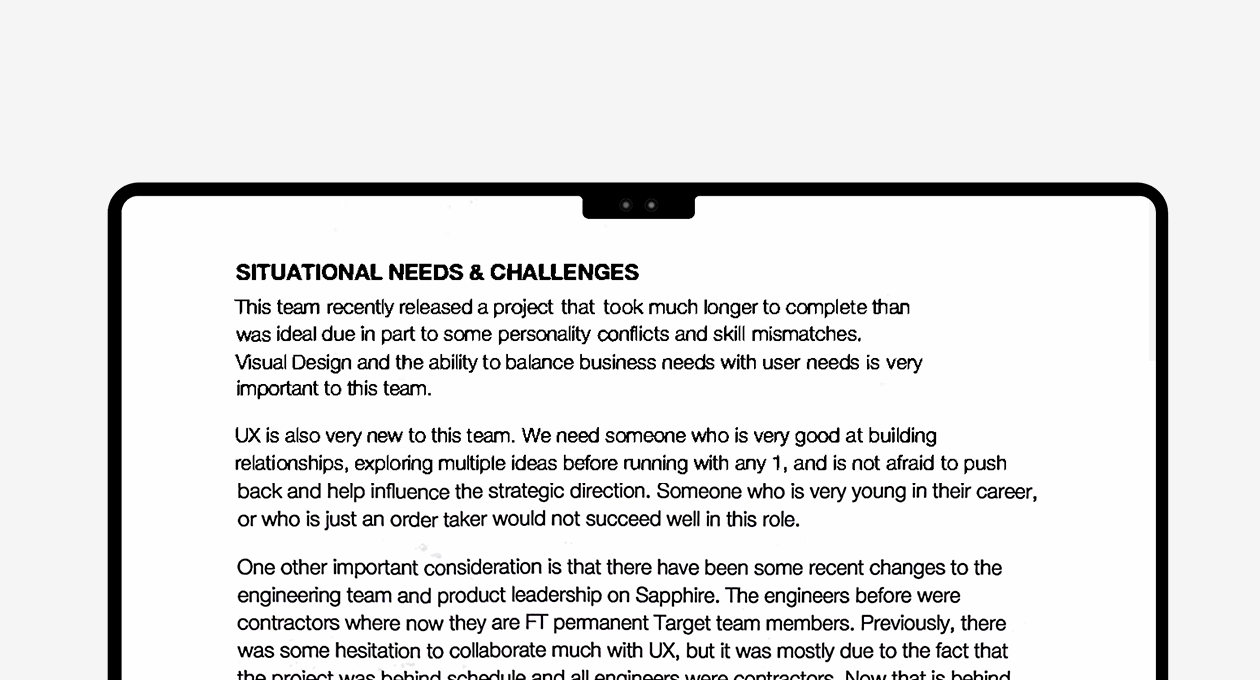 Preview of the Situational Needs & Challenges section of the Performance Profile — paragraphs describing the team's current state, the conditions the new hire will inherit, and the specific challenges they'll need to navigate from day one.