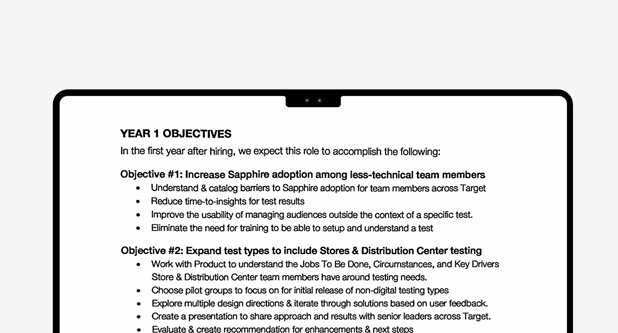 Preview of the Year 1 Objectives section of the Performance Profile — a list of the measurable outcomes the new hire is expected to deliver in their first year, tied directly to team and platform priorities.