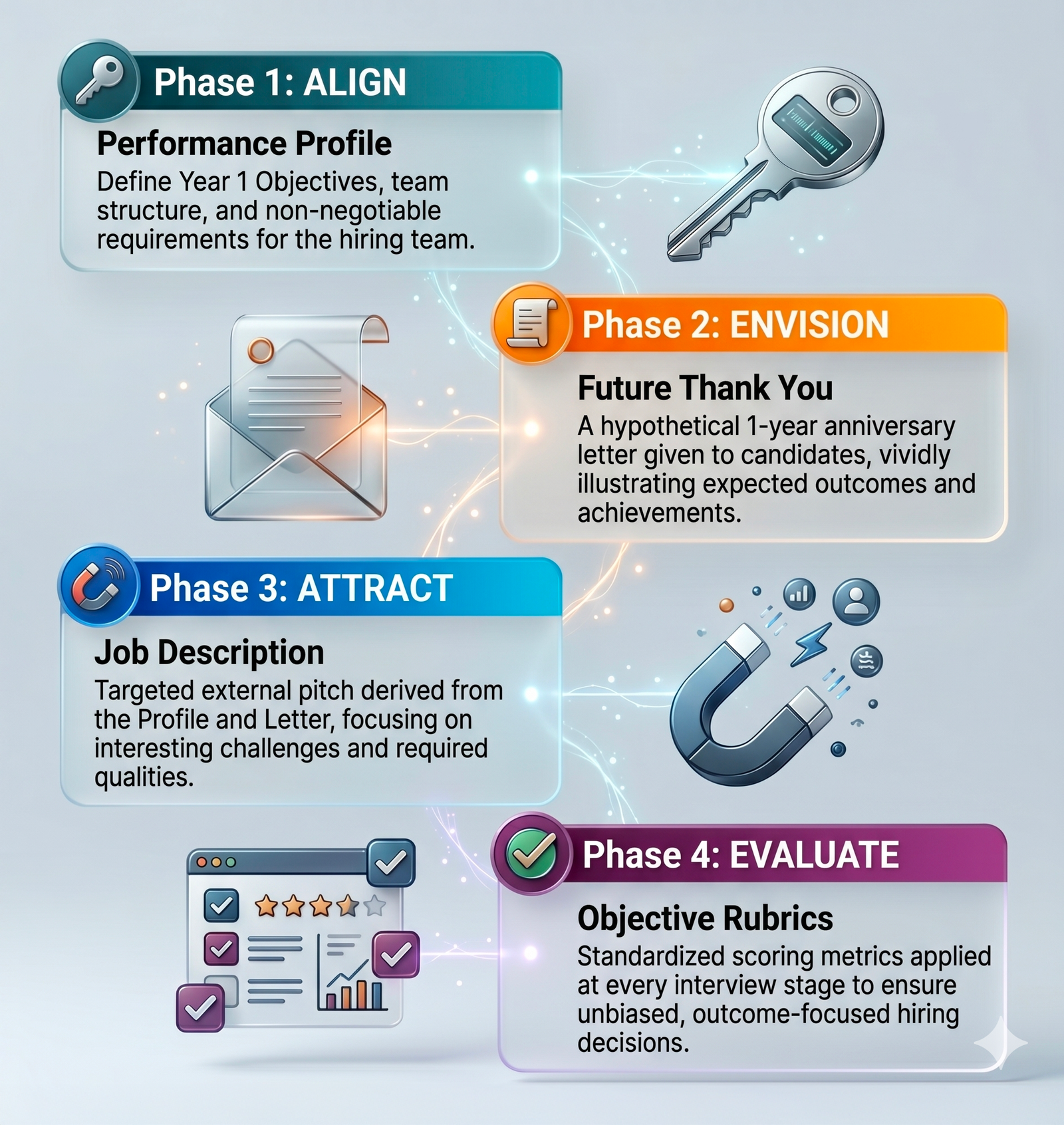 image of a 4 step hiring preparation process that centers around Phase 1: Align (performance profile), Phase 2: Envision (Future Thank You Letter), Phase 3: Attrack (Job Description), Phase 4: Evaluate (Objective Rubrics).