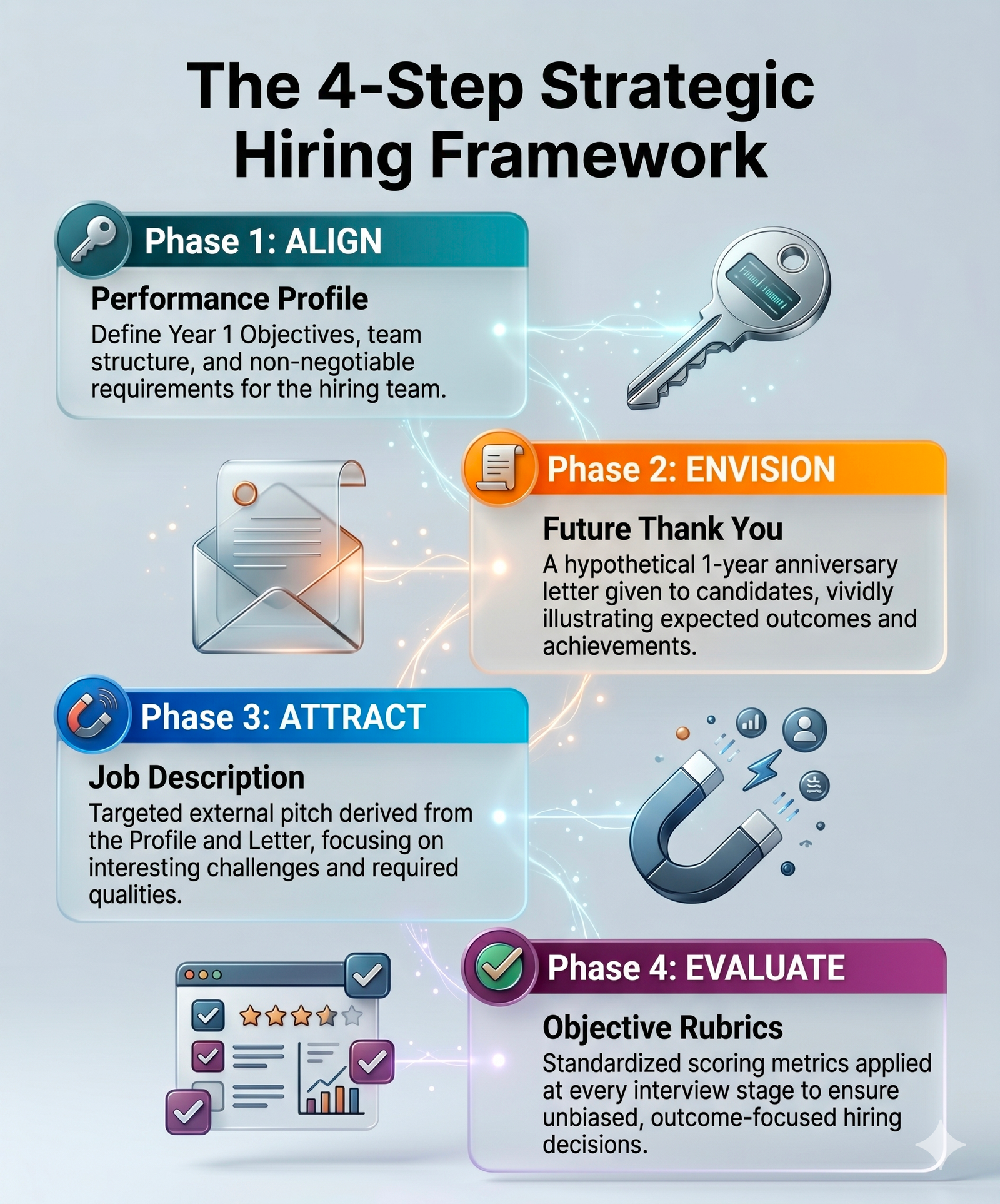 Infographic titled 'The 4-Step Strategic Hiring Framework' showing four phases: Phase 1 Align (Performance Profile), Phase 2 Envision (Future Thank You letter), Phase 3 Attract (Job Description), Phase 4 Evaluate (Objective Rubrics).