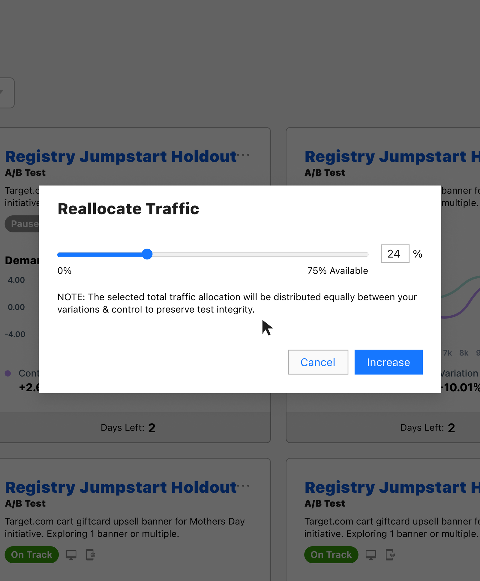 Screenshot of the redesigned Sapphire interface — a 'Reallocate Traffic' modal dialog over a grid of A/B test cards, showing the new contextual controls and clearer hierarchy built during the redesign.