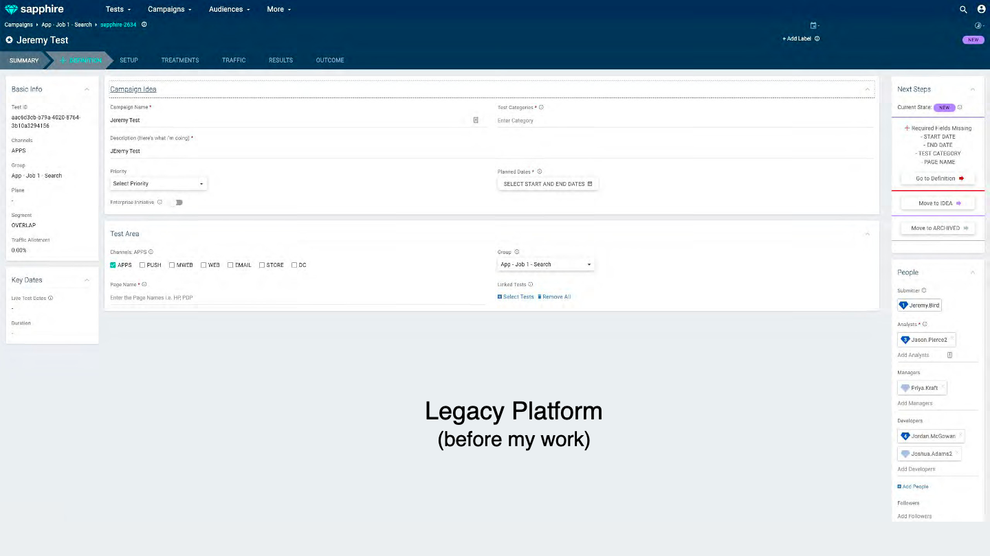 Screenshot of the original Sapphire A/B testing platform interface, before the redesign — a dense single-page layout where setting up a test required navigating between disconnected sections for variants, traffic allocation, scheduling, and monitoring.