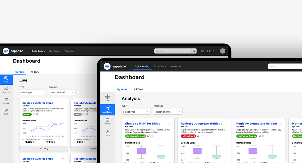 Two screenshots showing a consistent look and feel between Live and Analysis dashboards to help the user stay grounded and to make the UI easier to learn and use.